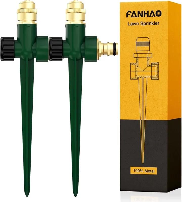 FANHAO 2 Packs Metal Lawn Sprinkler for Patio, Automatic Garden Water Sprinkler with Barbed Base, 360 Degree Brass Nozzle Adjustable