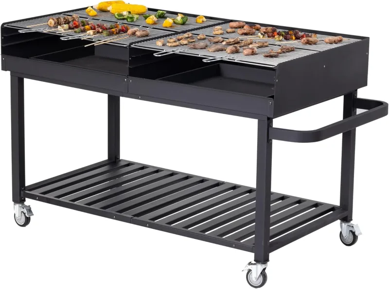 METRO Professional Charcoal Barbecue with Wheels, 178 x 91 x 102 cm, Steel/Stainless Steel, with Lid, Mobile with Brakes, 3 Adjustable Grills, Black