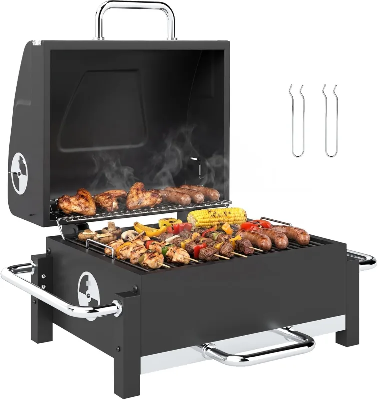 Outsunny Charcoal Barbecue with Air Inlets, Ash Catcher, Portable BBQ with Thermometer, Grill, Lid, Stainless Steel Handle, Charcoal Barbecue for Garden and Camping, Black