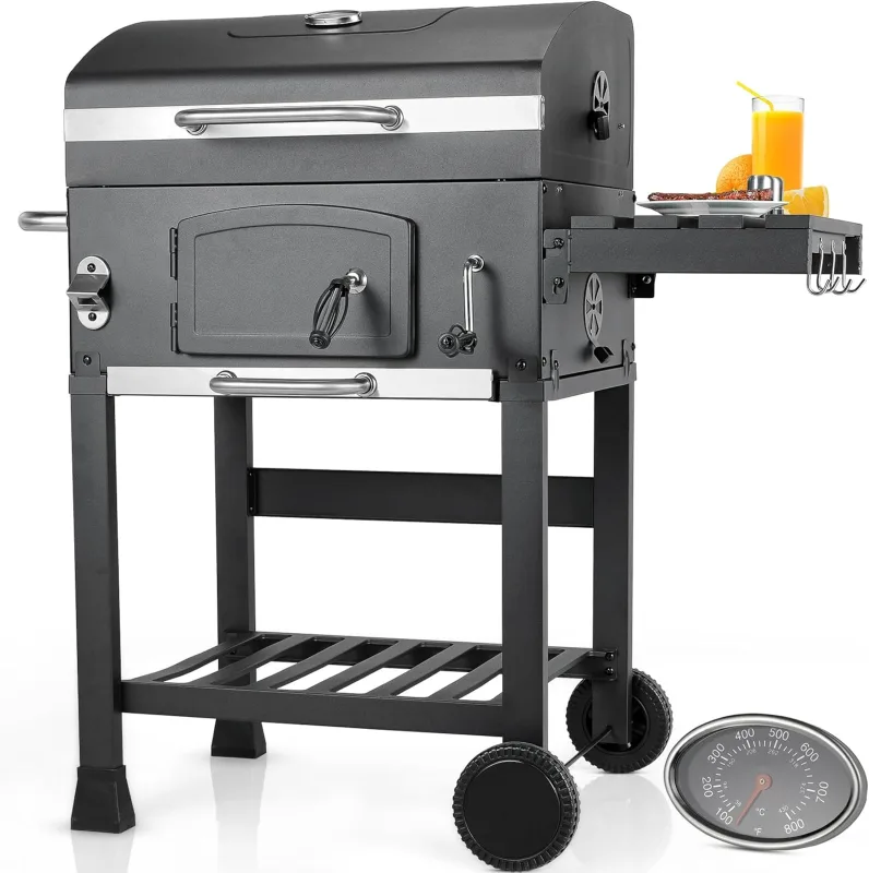 LIFERUN Carbon Barbecue Grill with Lid, XL BBQ Smoker, Grill with Trolley, with 2 Wheels, Thermometer, Large BBQ Carbon for Camping and Garden, 102 x 104 x 54.5 cm