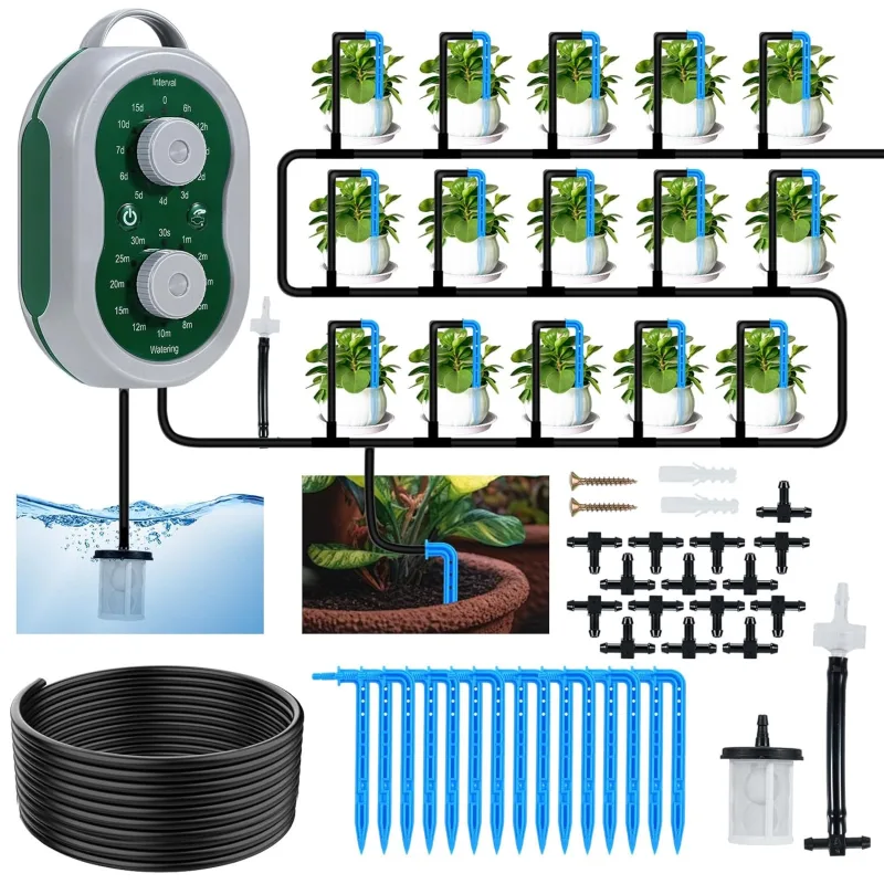 Automatic Irrigation System for 15 Potted Plants, Indoor Automatic Drip Irrigation Kit with Programmable Timer and 15 M Hose for Garden, Balcony, Greenhouse, Terrace, Holidays