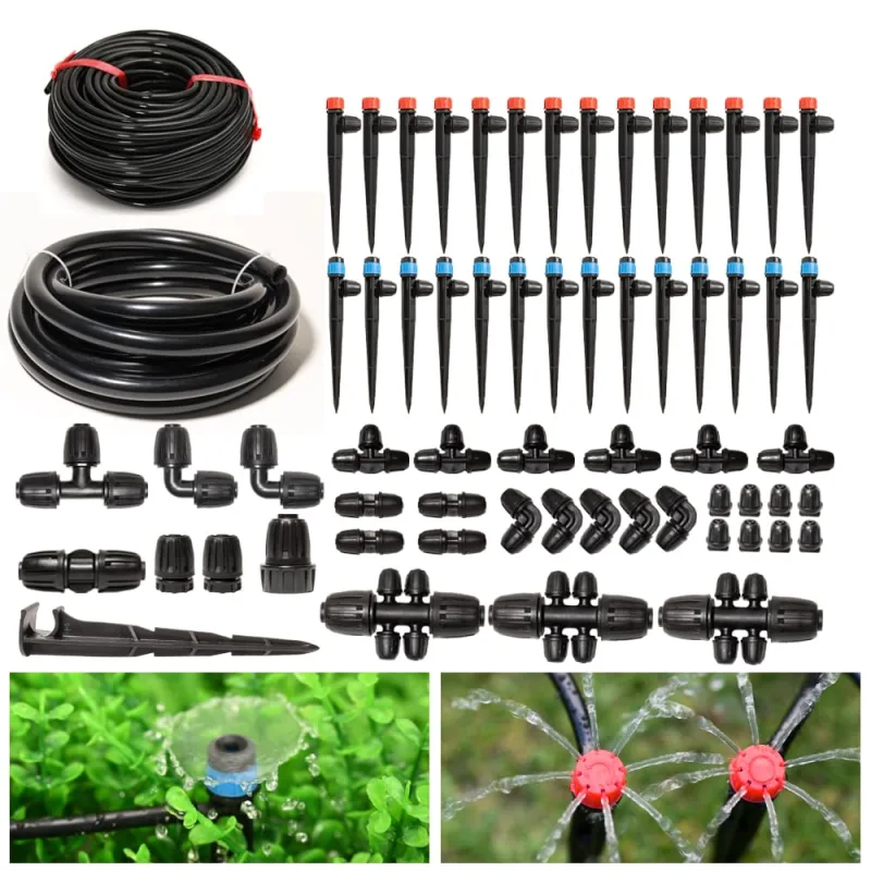 Drip Irrigation System Kit with 33ft 1/2" Tube, 200ft 1/4" Tube, Automatic Watering Equipment, Locked Fittings, Micro Drip 360 Degree Fan Kit