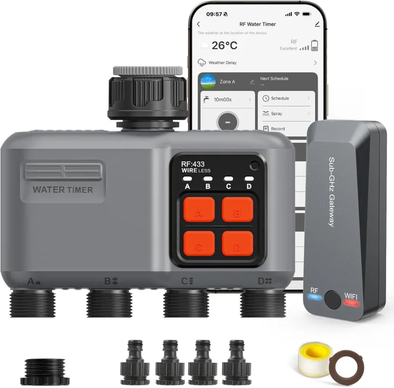WiFi Irrigation Programmer 4 Outputs with Gateway 300M RF Technology, Automatic Irrigation Timer for Garden Irrigation Compatible with Alexa App and Smart Life
