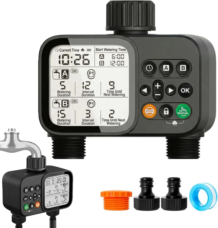 Ordenador de riego de 2 salidas, reloj de riego de jardín con entrada de latón, sistema de riego, control de riego, retardo de lluvia, automático, temporizador de riego para jardín
