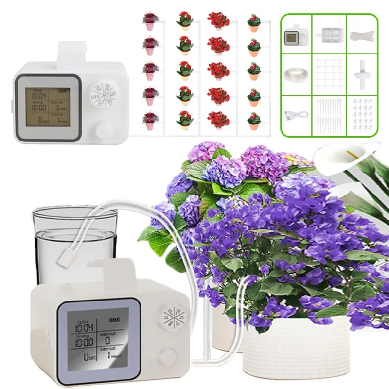Hancaner Automatic Irrigation System for Indoor Plants, Drip Irrigation Kit with Programmer, Compatible with 20 Plants and Pots, LED Display, Precision Irrigation