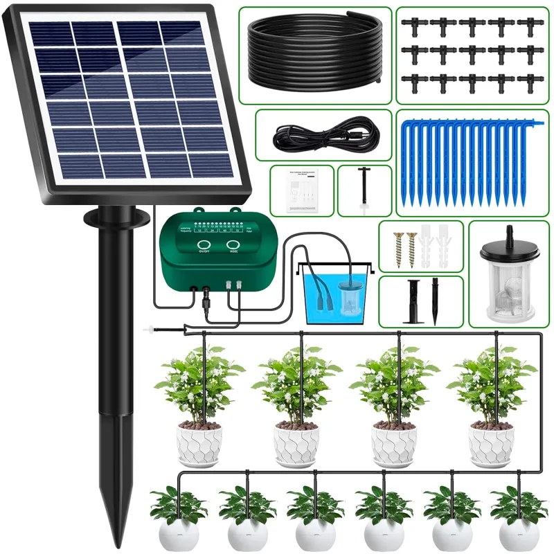 Solar Automatic Drip Irrigation System, Solar Drip Irrigation Kit with 15 Micro Drip Heads, Automatic Drip Irrigation for Holidays Balcony Terraces Greenhouses Pots Plants