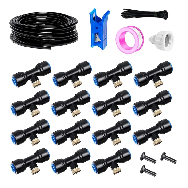 HUAZIZ Misters Outdoor Deck Watering System Misting System 20m 6mm + 15 Blue Mist Nozzles T Mist System Outside Mist System for Landscape, Flower Bed and Patio Plants