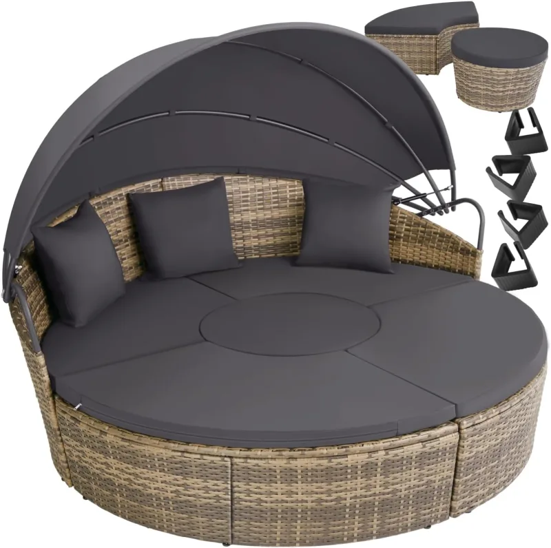 tectake Rattan Island with Cushions, Garden Set with Folding Sliding Awning, Outdoor Garden Furniture with Steel Frame and UV Resistant, Combinable Terrace Set – Beige