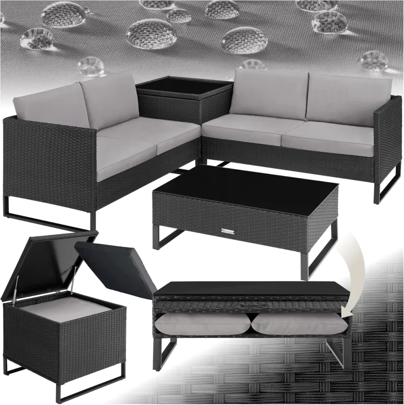 TecTake® Rattan Garden Set with Thick Cushions, Outdoor Garden Furniture 2 Sofas, 1 Glass Table, 1 Storage Box, Weatherproof Terrace Set, Steel Structure - Black