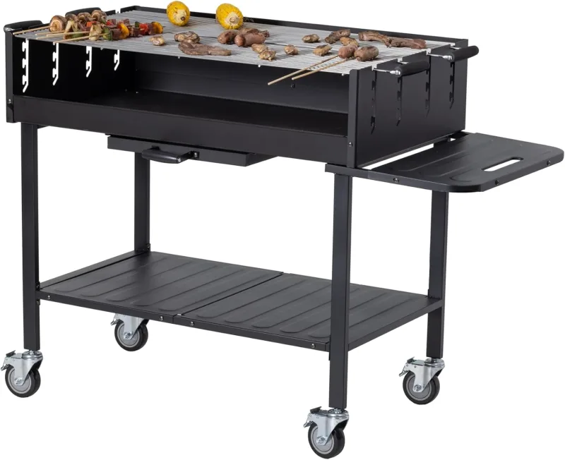 METRO Professional Charcoal Barbecue with Wheels, Steel/Stainless Steel, Adjustable Grates, Side Table, Protective Cover, Black