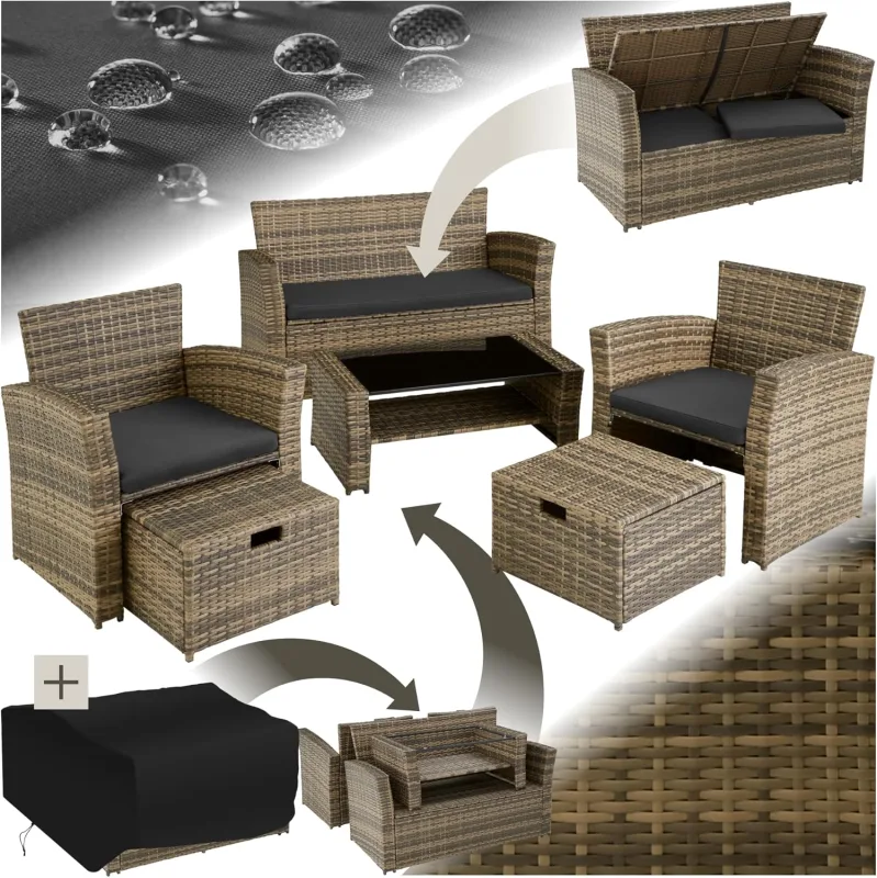 tectake Outdoor Garden Set of Rattan and Steel, Arched Design, Weatherproof Outdoor Garden Furniture, 2 Armchairs, 2 Stools, 1 Glass Table, with Cushions and Cover - Natural