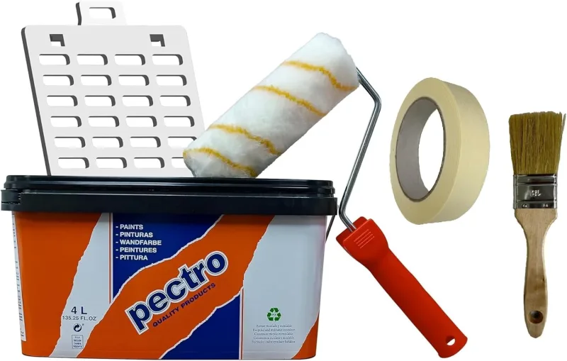 PECTRO White 6.6kg (4L) Anti-Moisture Paint Kit - Includes Roller, Grid, Brush and Tape - Matte Interior Paint for Walls, Ceilings, Bathrooms and Wet Areas - Easy Application and High Coverage