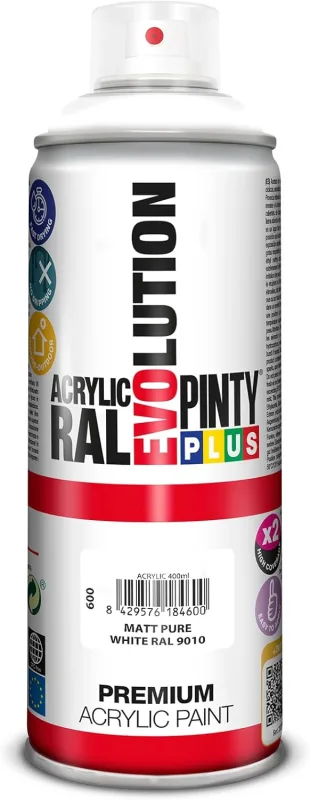 PINTYPLUS EVOLUTION 600 Acrylic Spray Paint 520cc Matt Pure White, Matte White Ral 9010, Standard