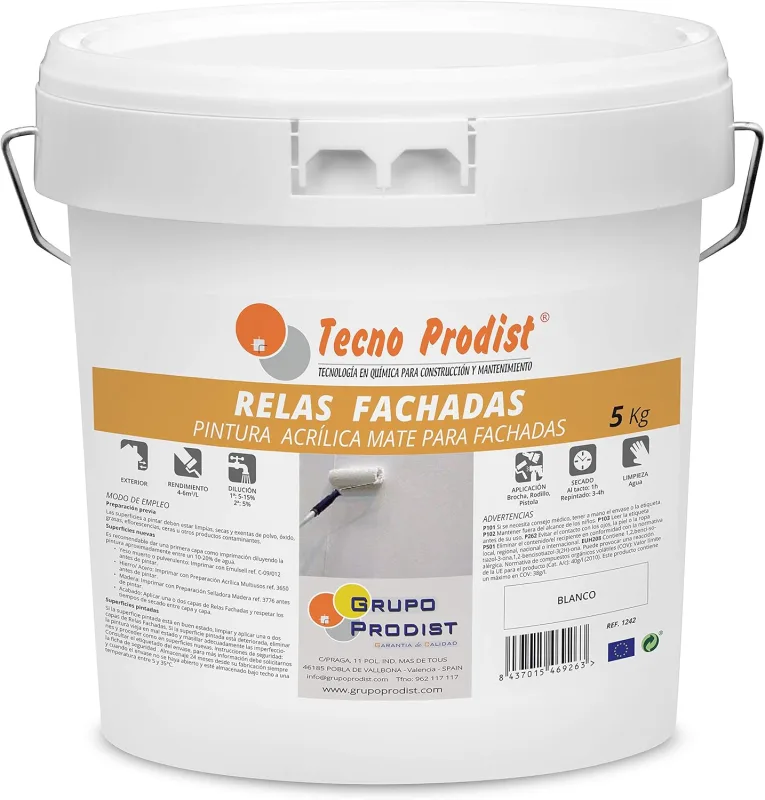 Tecno Prodist FACADE RELAS – 5 kg (WHITE) Waterproof Paint – Durability and Resistance – Matte White – A Roller or Brush – Great Coverage, Whiteness and Performance, Does Not Splash