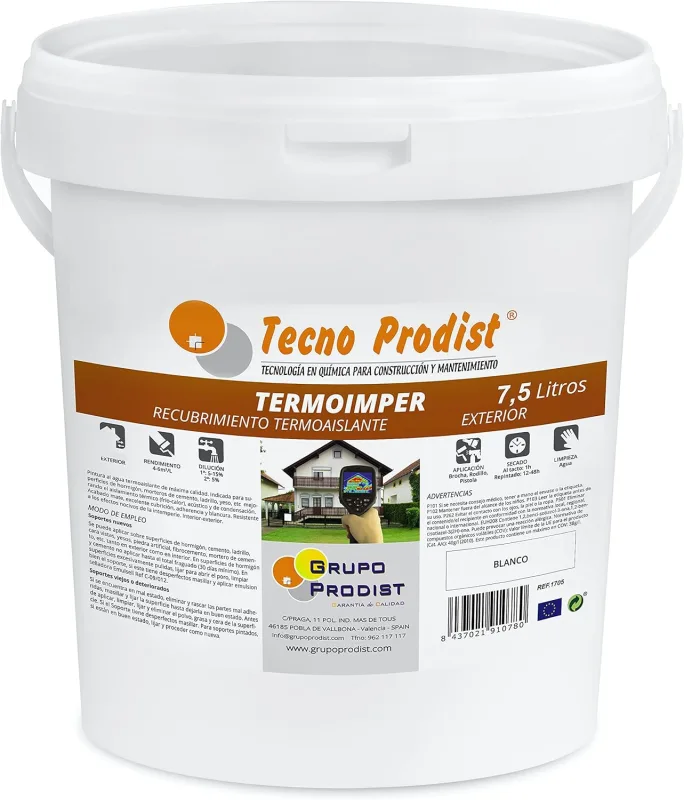 Tecno Prodist THERMOIMPER 7.5 Litres (OPTICAL WHITE) Water Paint Thermal Insulation Exterior – Waterproof Facades, Walls and Ceilings – Insulates Heat and Cold (Roller, Brush, Gun)