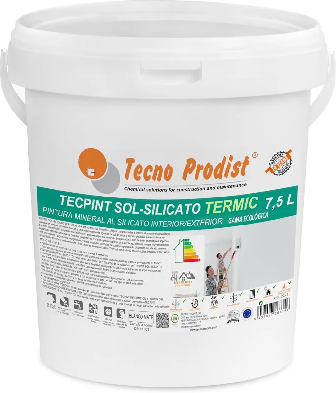 Tecno Prodist TECPINT SOL-SILICATE TERMIC (7.5 Litres) ecological silicate paint, mineral, interior - exterior to water, 100% natural, walls and ceilings, breathable - thermal (white)