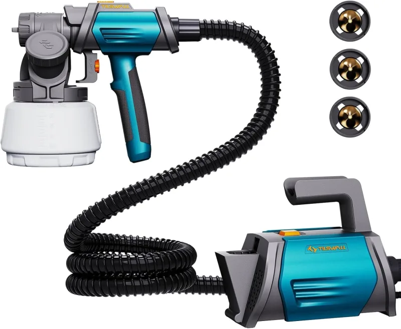 Tilswall Paint Gun, HVLP 800W Paint Sprayer, 4 Nozzles and 3 Patterns, Paint Container with Side Refill, 120 DIN-s Paint Gun, for Fences, Garden and Furniture