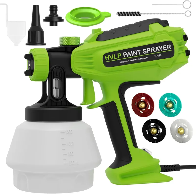 HVLP Paint Gun 700W, Electric Sprayer with 4 Nozzles & 3 Patterns, Blow Connection and Cleaning, 1200 ml, for Furniture, Walls, Doors, Fences, DIY