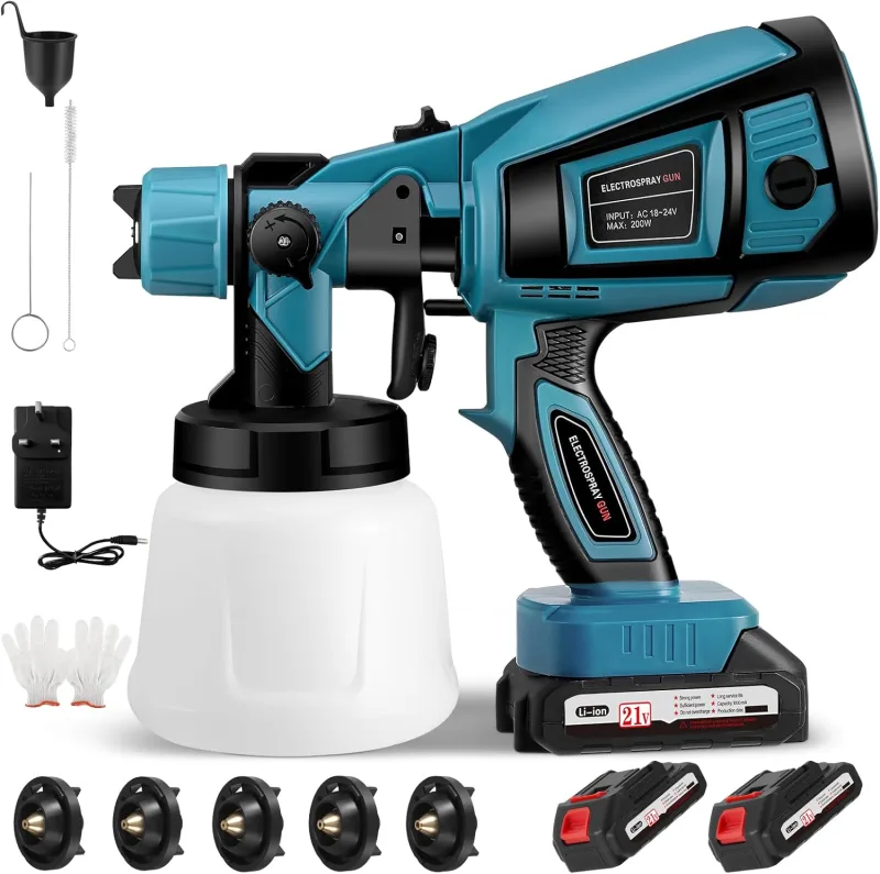 Cordless Paint Gun, HVLP 21V Paint Gun for Fences with 2 Batteries 2000mAh and Charger, 1000ML Container for Walls, Furniture, Ceilings