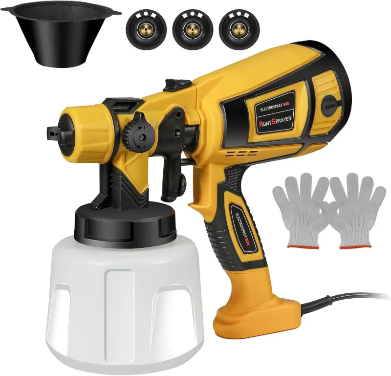 Paint Gun, 850W HVLP Spray Paint with 1400ml Container, 4 Brass Nozzles and 3 Patterns for Walls, Gun for Painting Walls and Ceilings, Yellow