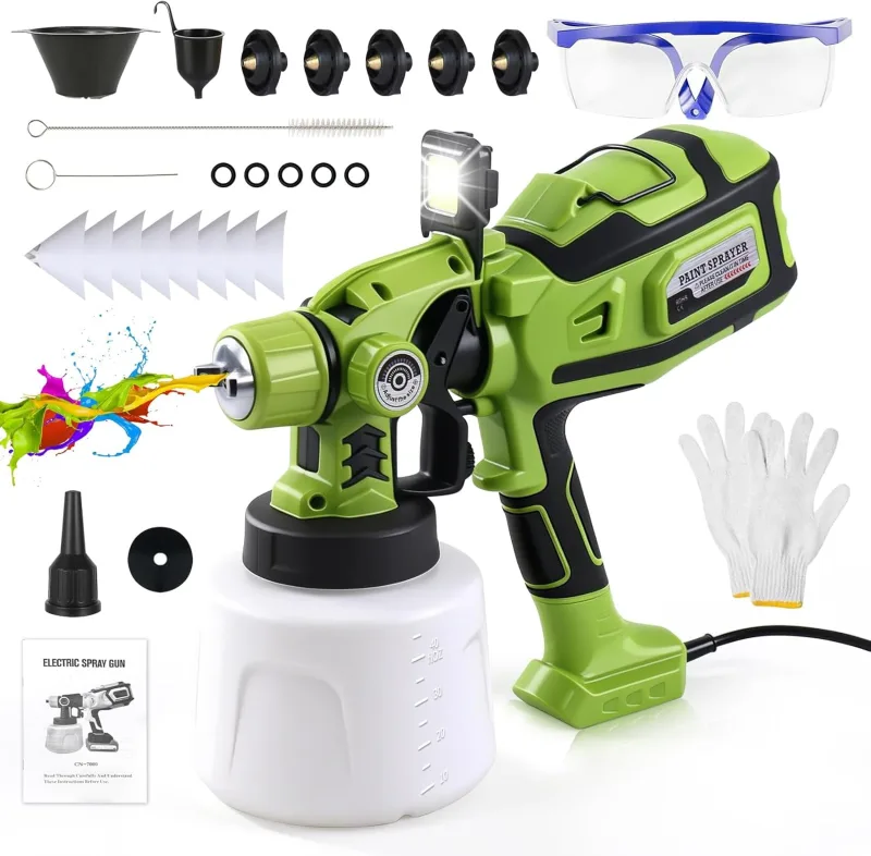 850W Electric Paint Gun, Electric Paint Gun with 1400 ml Tank, 5 Brass Nozzles, LED Light, Adjustable Flow and Spray Angle for Painting Walls and Ceilings