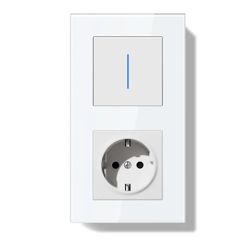 Socket with Switch, Recessed Wall Switch with Glass Frame with LED Indicator, 1 Gang 1 Way, Easy Installation Claw Hook Design 157 x 86 mm, White