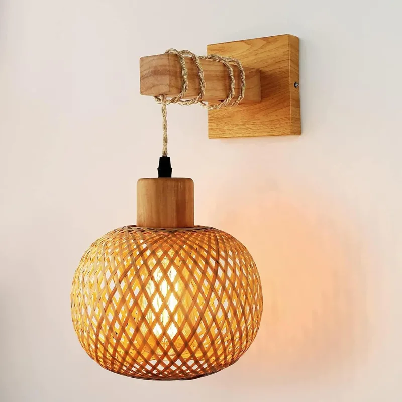 Vintage Interior Wall Lamps, E27 Retro Wooden Wall Sconce with Rattan Lampshade, Cage Wall Lights are Used in Living Rooms, Bedroom, Hallway, Max 60w (No Bulbs)