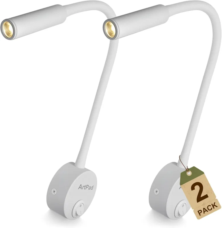 2 Pack White Wall Spotlight, Soft Warm White Light Bedside Curve Lamp, Minimalist Reading Night Lamp Wall Mounted 3 Watt with Push Button Switch
