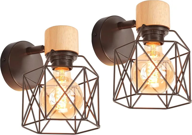 iDEGU 2 Pieces Vintage Wall Lamps 15 cm Wall Sconce Interior Wood and Metal Industrial Design Adjustable Cage Lighting E27 Ceiling Light for Bedroom Hallway Living Room Coffee (Black)