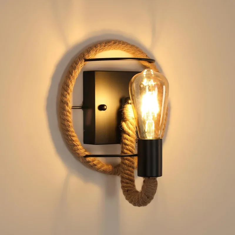 Wall Sconce Rope, Rusticos Retro Industrial Wall Sconce, Vintage Hemp Rope Wall Lamp Indoor for Bedroom, Hallway (No Bulbs)