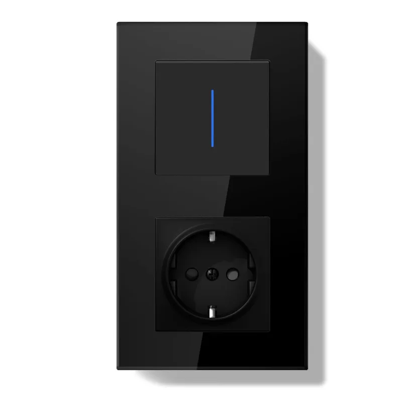 Socket with Switch, Recessed Wall Switch with Glass Frame with LED Indicator, 1 Gang 2 Way, Easy Installation Claw Hook Design 157 x 86 mm Black