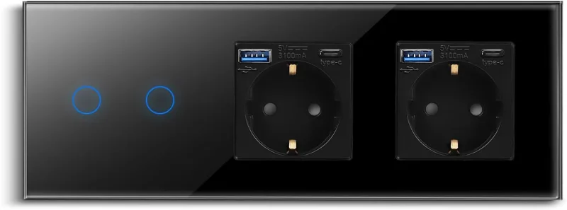 CNBINGO Dual Socket Touch Light Switch with USB Ports (Type-C and Type A 3.1 Amp Total) - Schuko USB Plug Recessed - Single Glass Wall Switch in Black - 2 Way