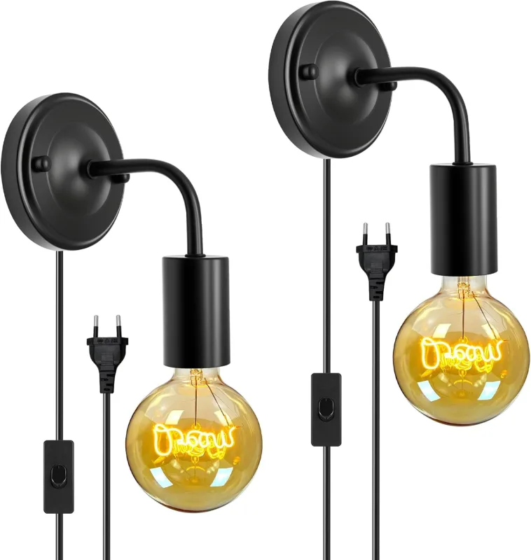 Indoor Wall Lamp, E27/E26 Wall Sconces with Switch and Plug, Black Industrial Wall Lamp with Metal Thickened Base Modern Indoor Lighting-2 Pieces (No Bulbs)