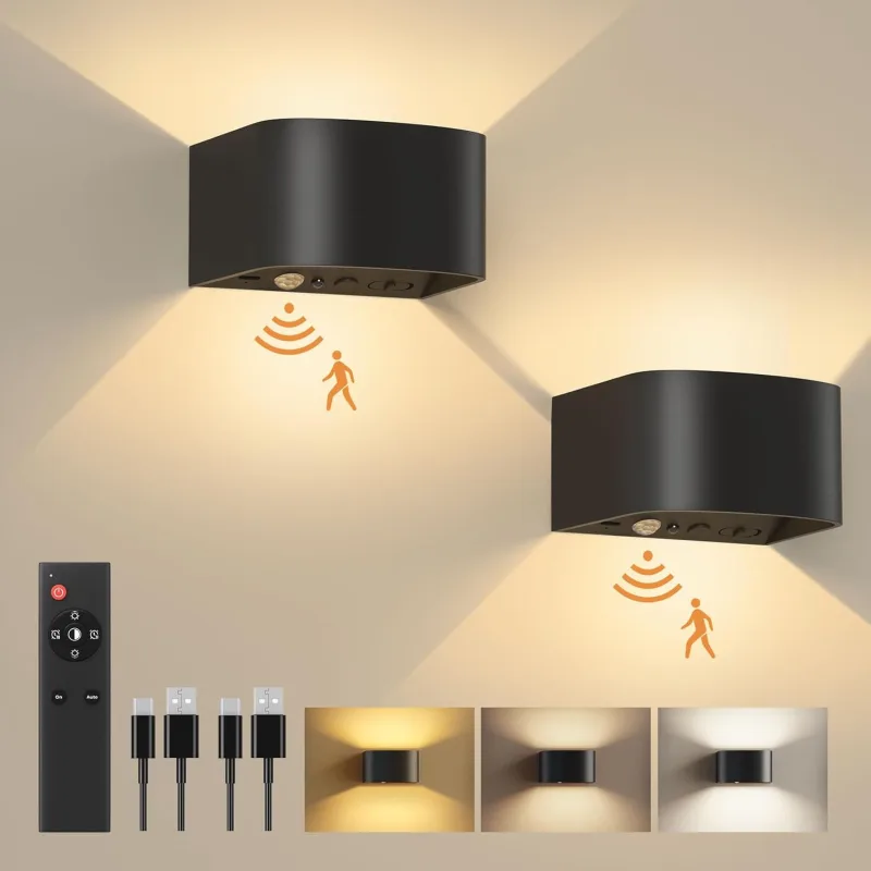 FULEN Wall Lamp with Motion Sensor and Remote Control, 3 Colors, Wireless LED Wall Light, Up and Down Wall Sconce, 5000mAh Rechargeable Battery, Adjustable Brightness, Black 2 Pieces