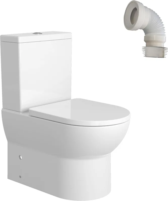 BAIKAL Pack T4 Toilet + Extendable Sleeve 150-470 mm. Compact Floor Toilet with Rimless System and Monoblock Double Flush Cistern. Sanitary with Dual Outlet and Seat with Damped Drop