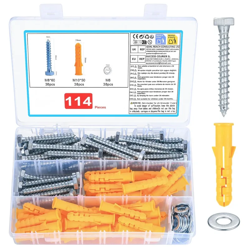 114 Tornillos y Tacos de Pared: 38 PcsTacos de Plástico M10x50, 38 Tornillos Hexagonales M8x60 mm, 38 Arandelas M8, Tacos de Nylon para Hormigón Ladrillo, Paneles de Yeso, Madera