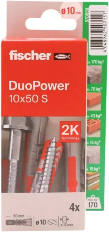 fischer - Duopower 10 x 50 with screw - 4U, multi-material wall plugs, suitable for hanging bicycles, pictures, cabinets, TV stands, shelves, furniture.