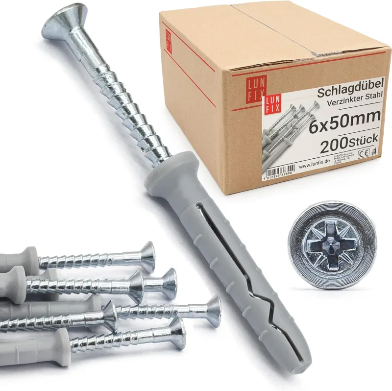 6 x 50 mm 200 pieces dowels with galvanised steel screw, dowels for plasterboard and concrete, wall anchor and quick assembly with professional metal nail. Lun Fix