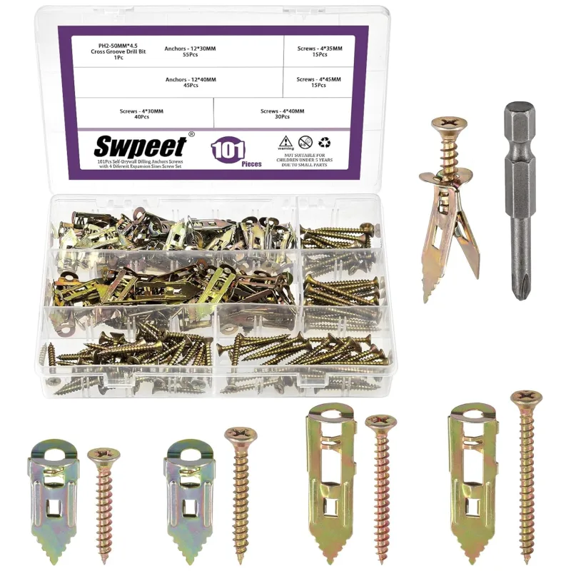 Swpeet 201 Pcs 4 Sizes Zinc Plated Drywall Self Drilling Anchors with Screws and Drill Bits, No Drilling or Holes in Wall for TV, Bike, Shelf Straps, Curtains