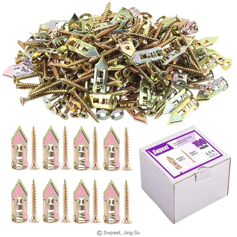 Swpeet 100 Pieces Self Drilling Drywall Anchors with 100 Screws Kit, No Drilling or Holes in Wall, Perfect for TVs, Bikes, Shelf Straps