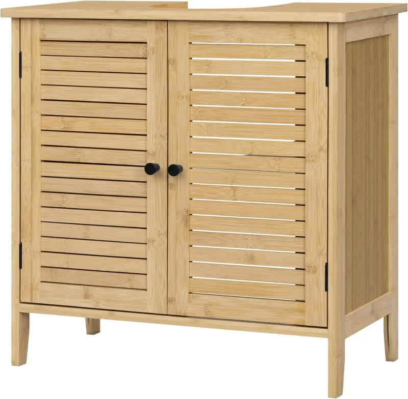EUGAD Bamboo Bathroom Cabinet, Lavbabo Under Cabinet with Trim, 20 x 23 cm, Floor Standing Cabinet with Grid Doors and Adjustable Shelf, 60 x 30 x 60 cm