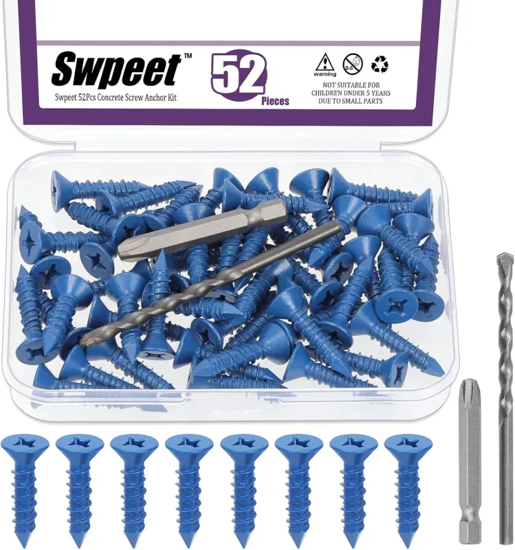 Swpeet 52 Pcs 1/4" x 1-1/4" Flat Head Concrete Screw Anchors with Screwdriver Bit and Drill Bit Assortment Kit, Self Tapping Concrete Screws for Anchoring to Blocks
