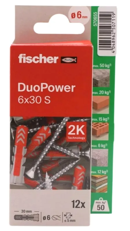 fischer - Duopower 6x30 with screw - 12U, multi-material wall plugs, suitable for hanging bicycles, pictures, cabinets, TV stands, shelves, furniture.