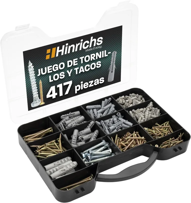 Hinrichs - Set of 417 screws and dowels (417 pieces) - Storage case with dowels in 4 sizes - 204 pieces in total + set of screws in 9 sizes - 213 dowels
