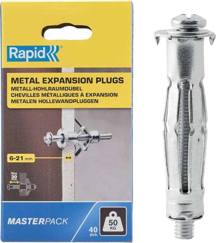 Rapid Metal Expansion Plugs, Pack of 40 Metal Expansion Plugs for Plasterboard Wall 6-21 mm, Maximum Load 50 kg, Plugs for Plasterboard Walls and Hollow Walls (5001567)