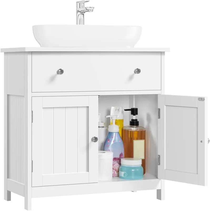 Yaheetech Wooden Basin Cabinet Floor Bathroom Cabinet with Feet 1 Drawer and 2 Sliding Doors 60 x 30 x 60 cm White