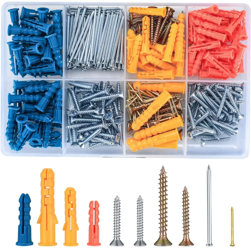 Assortment of 360 Drywall Screws, Nails and Wall Plugs Chipboard Type Fish Type Drywall Fixings Flat Head Self Tapping Raw Wood Screws and Nails