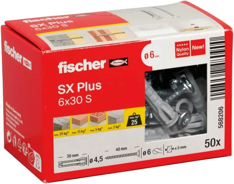 fischer SX Plus 6 x 30 Wall Plugs for Fixing Lamps, Pictures, Air Conditioners, Pack of 50, Includes Screws