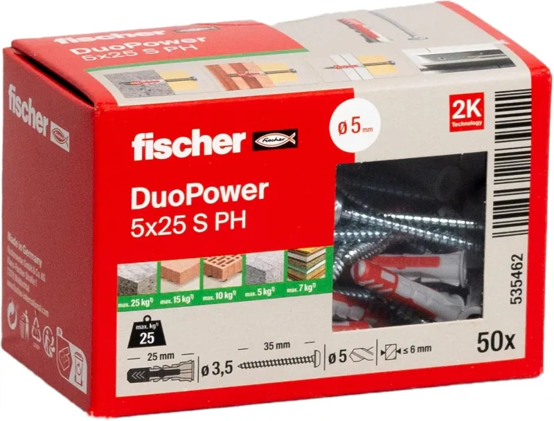 fischer DUOPOWER 5 x 25 S PH, 50 Plugs and 50 Screws, Universal Wall Screws with Flat Head Screw, 2-Component, Plastic Wall Plugs for Fixing Concrete, Brick, Stone, Plasterboard