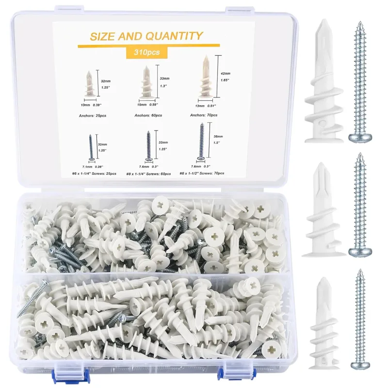 310 Pieces Screws and Wall Anchors Set, Includes 155 Drywall Anchors, 155 Cross Screws, Universal Spike Anchor Kit and Self-Tapping Wood Screws (310 Pieces)